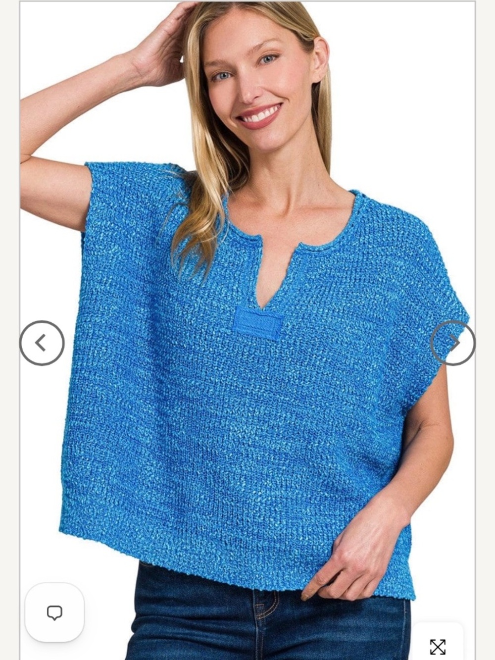 Zenana Patch Rolled Split Neck Sweater Blue Knit Short Sleeves Coastal Sz Lg/XL
